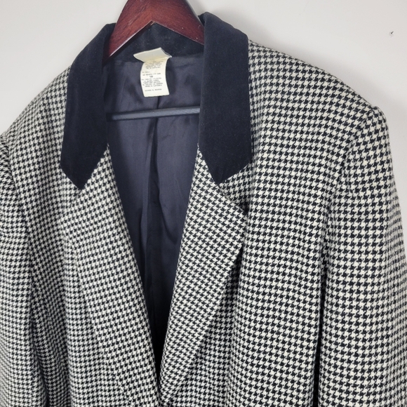 Vintage Oversized Houndstooth Velour Collar Old Money Preppy Wool Blazer Jacket - Picture 2 of 9